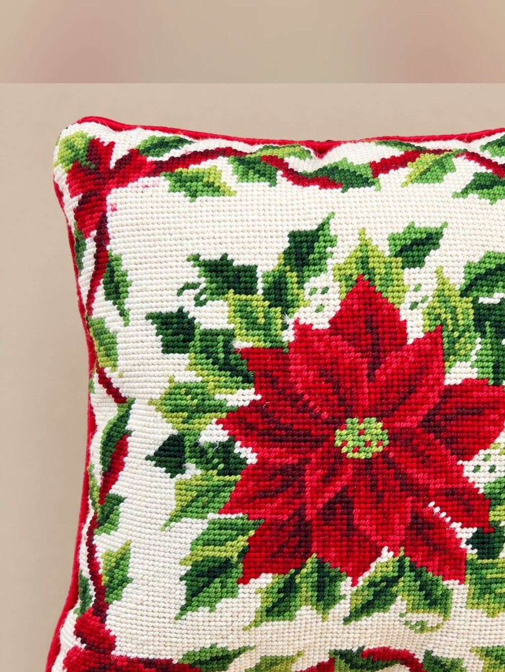 Vintage Needlepoint Poinsettia Christmas Throw Pillow Red Velvet Back 12x12